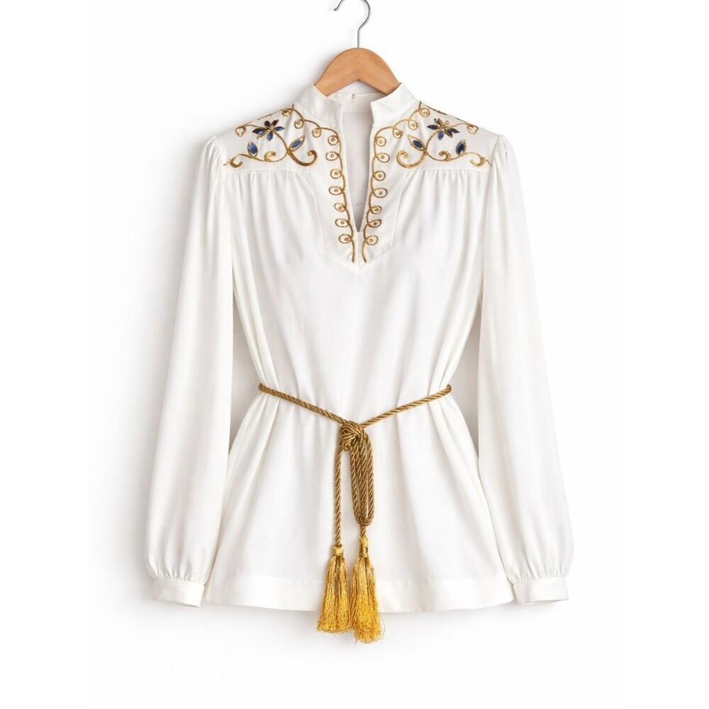 Vintage Caron Chicago White Gold Embroidery Blue Accents Boho Western Blouse